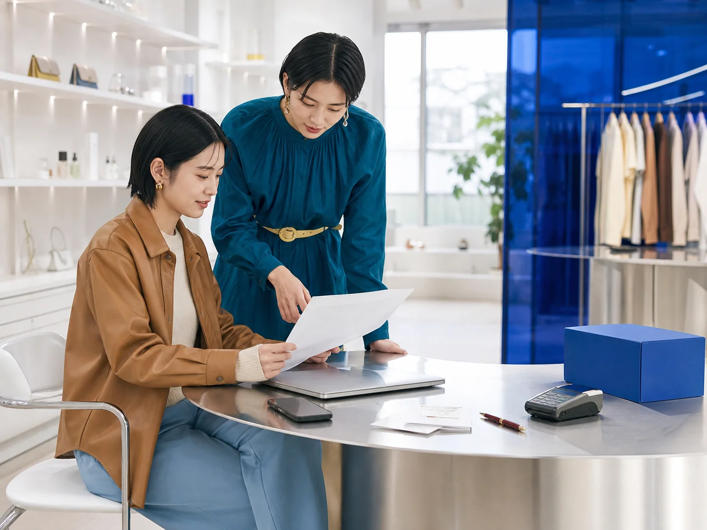 キャメルとティールの装いの運営担当者が、店舗のバックオフィスで予定表と業務内容を確認する様子